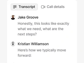 Call transcript panel with tabs and chat messages