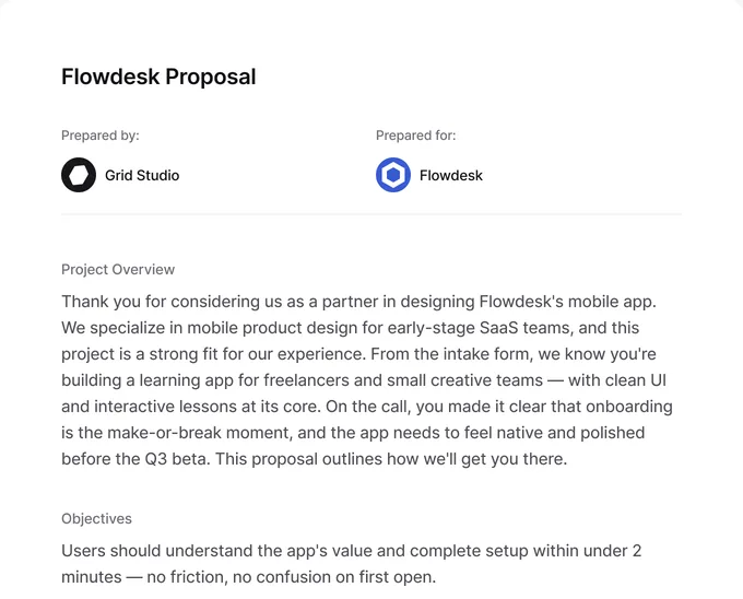 Flowdesk Proposal document: prepared-by details, project overview, and objectives