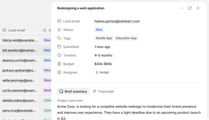 Submitted intake record with status, tags, timeline, budget and a brief summary