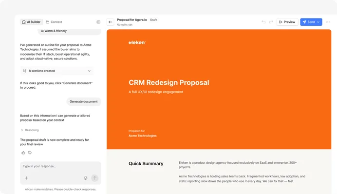 AI proposal builder next to a branded proposal document ready to send